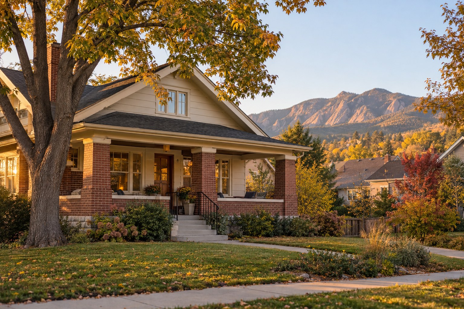 Conceptual photograph of a Colorado bungalow on a tree-lined street near the foothills