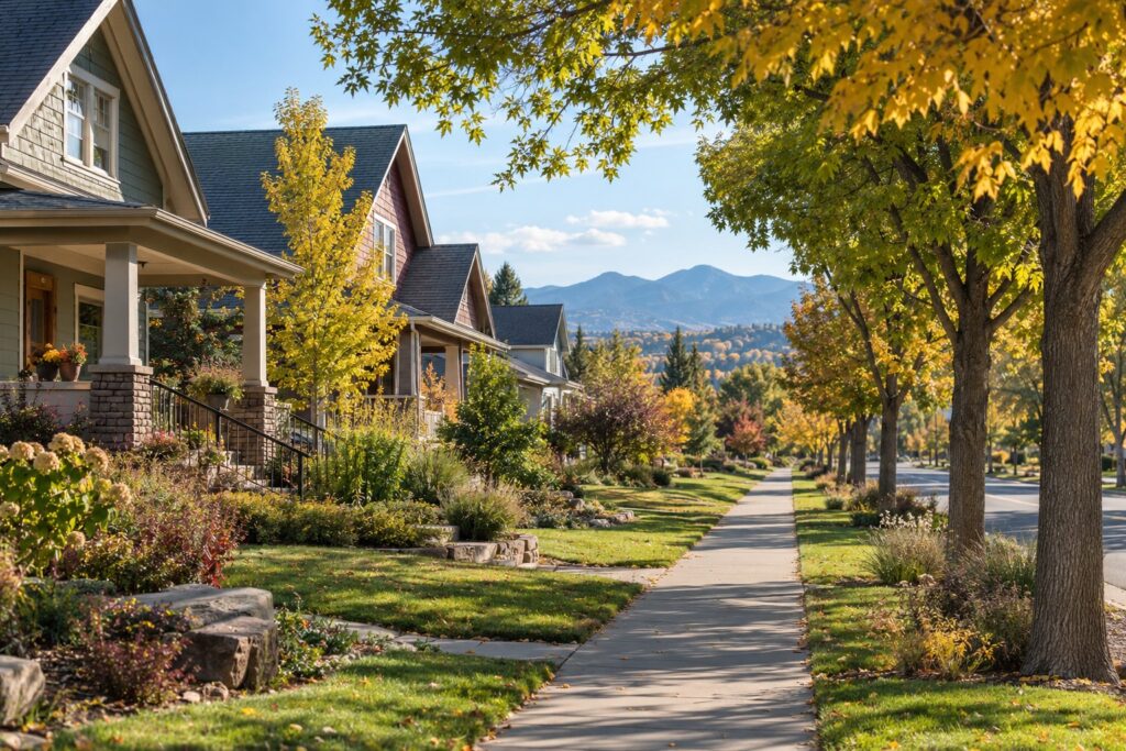 Tree-lined Colorado residential street with a mountain horizon