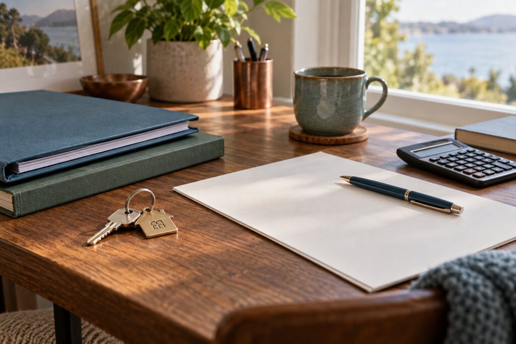 House keys, calculator and blank planning papers on a desk